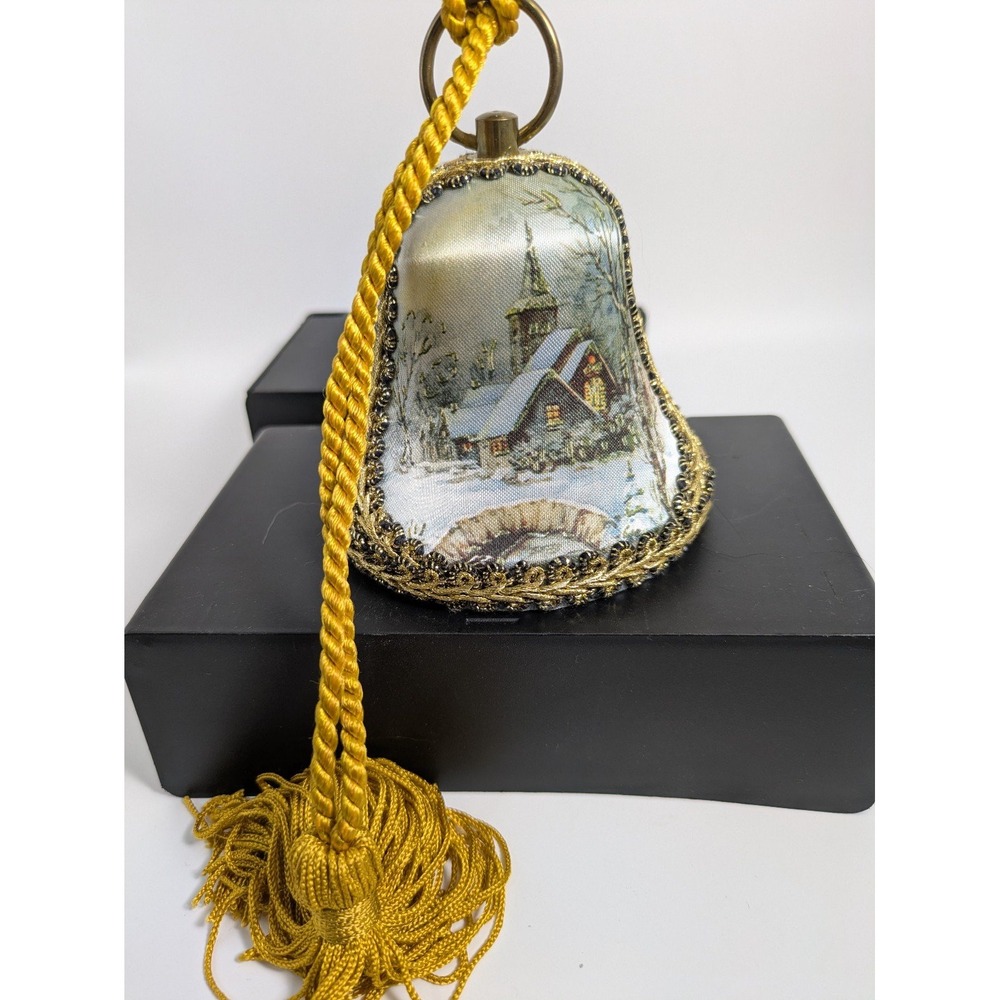 Vintage Reuge Swiss Musical Bell Ornament Winter Scene Velvet Gold Tassel